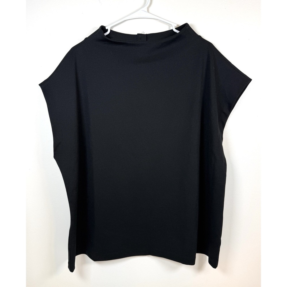 Talbots Plus Top 2X Funnel Neck Boxy Fit Cap Sleeve Black Button Closure Classic